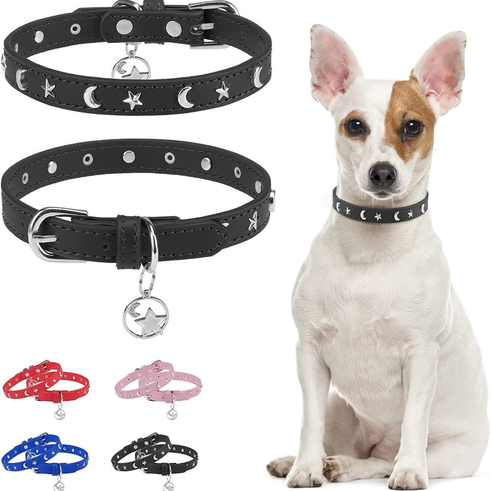 XS Black Adjustable Star and Moon Studded Pet Collars Rust-Proof Metal Buckle